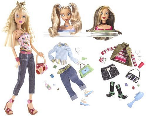 Swappin’ Styles Barbie in a floral top and dark jeans, beside two extra head-and-shoulder units, blue and green fashions, shoes and bags.